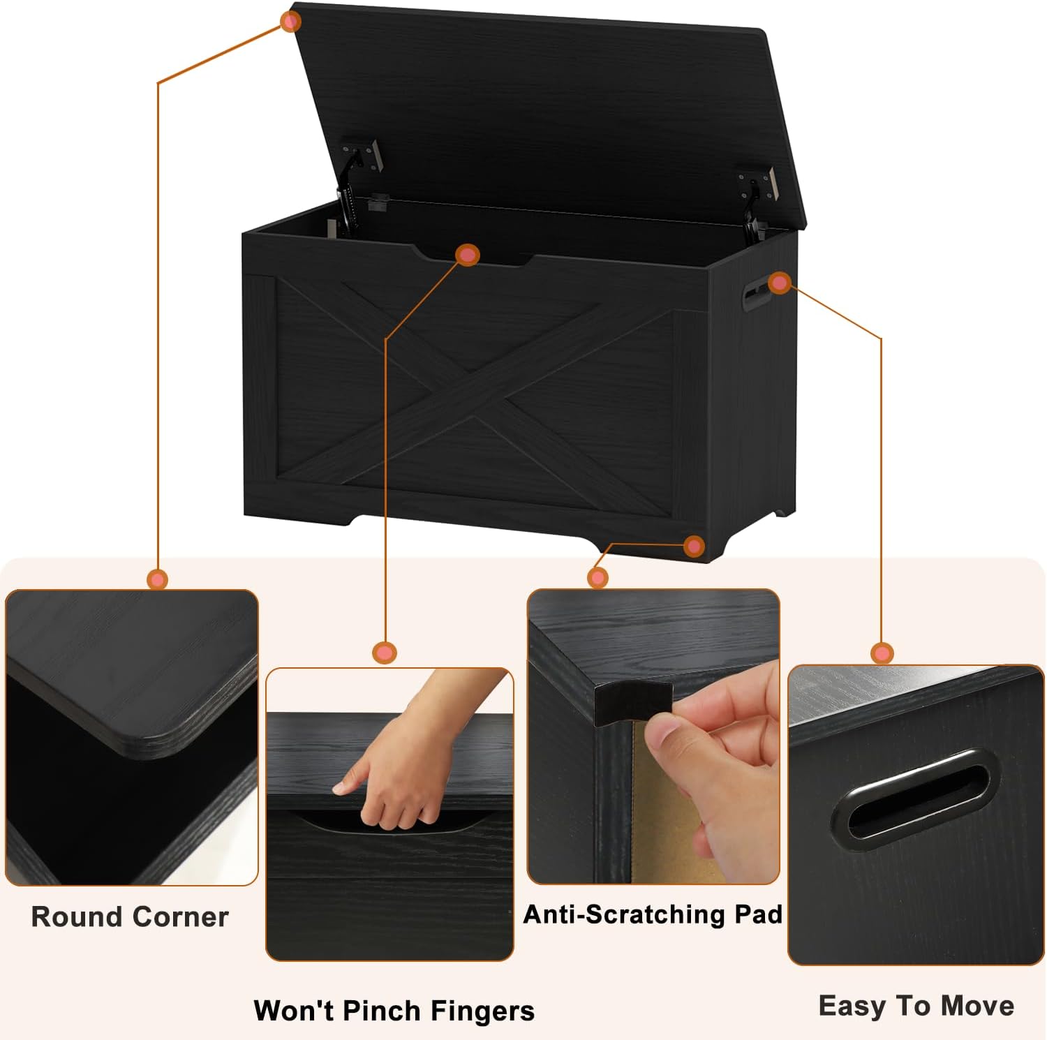 Timberer Storage Chest, Wooden Storage Bench, Entryway Shoes Bench with 2 Safety Hinges, for Living Room, Bedroom, 15.7 x 31.5 x 18.9 Inches, Black