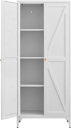 Metal 2 Doors Kitchen Pantry Cabinet with Adjustable Shelves 65 inch Tall Large Steel Cabinet Locker Utility Kitchen Cupboard for Living Room, Dining Room and Office (White)