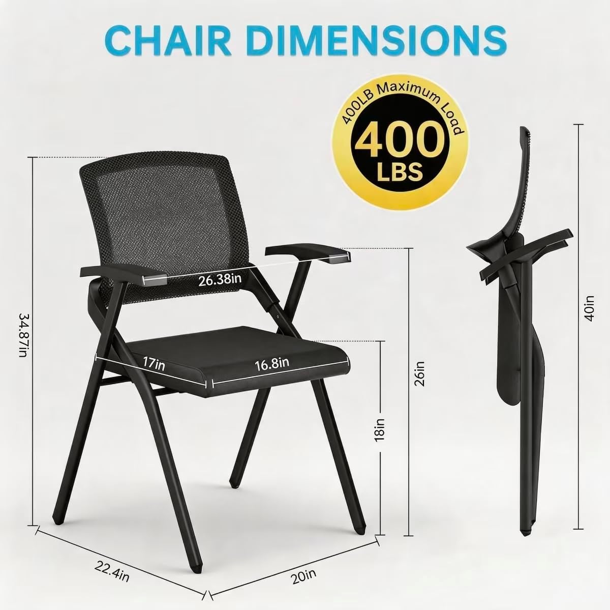 Heavy Duty Folding Conference Chair with Arms - Breathable Mesh Back, Comfortable Padded Seat, Sturdy Steel Frame for Office, Meeting Room & Training Seminar,Classroom (2, Black)