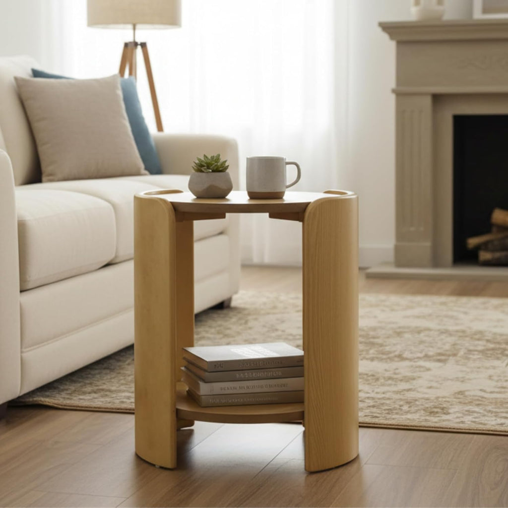 DUOMAY Wood Side Table, 15.5" Wide Round End Table with Storage Shelf Mid Century Modern Bedside Table for Living Room Apartment, Natural Oak Color