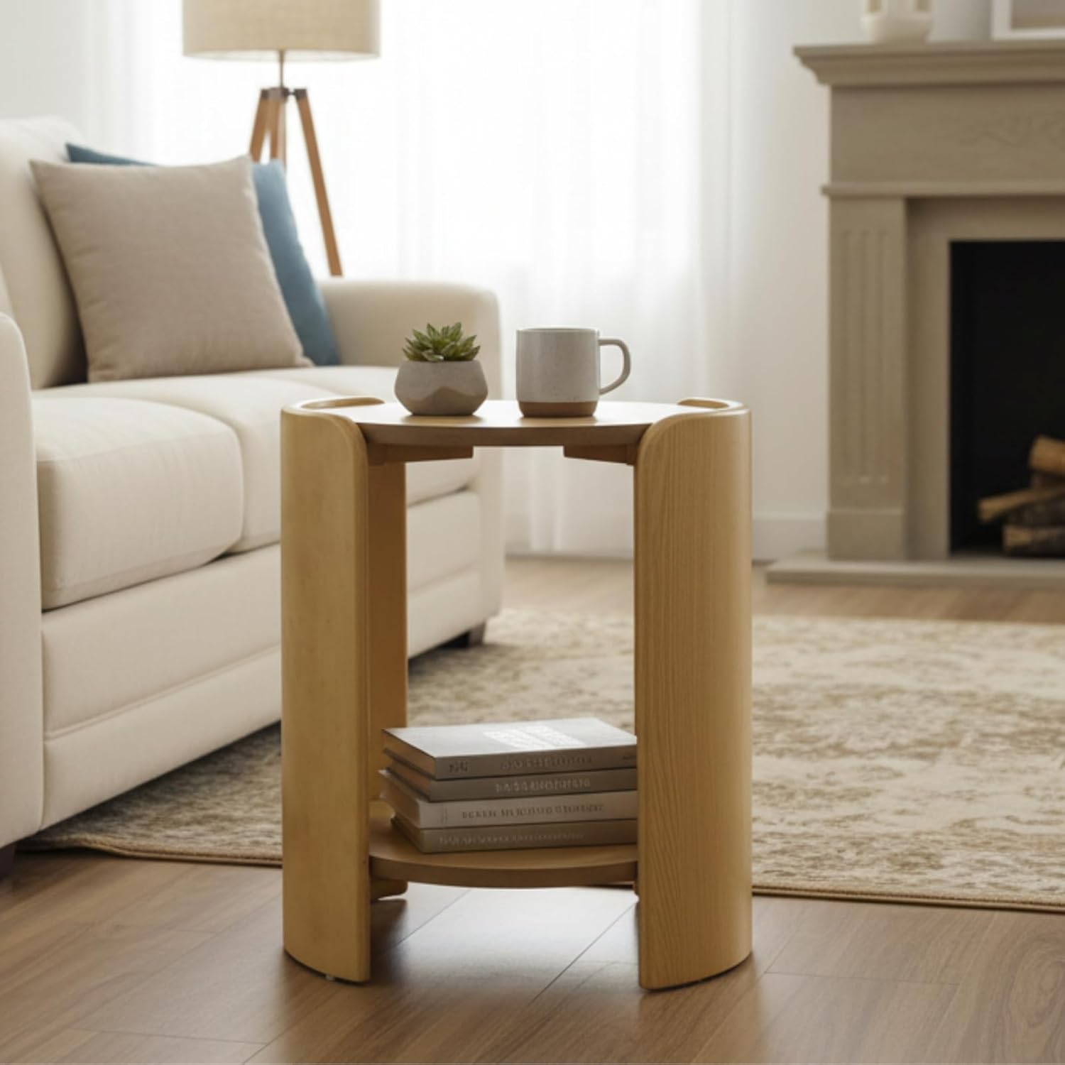 DUOMAY Wood Side Table, 15.5" Wide Round End Table with Storage Shelf Mid Century Modern Bedside Table for Living Room Apartment, Natural Oak Color