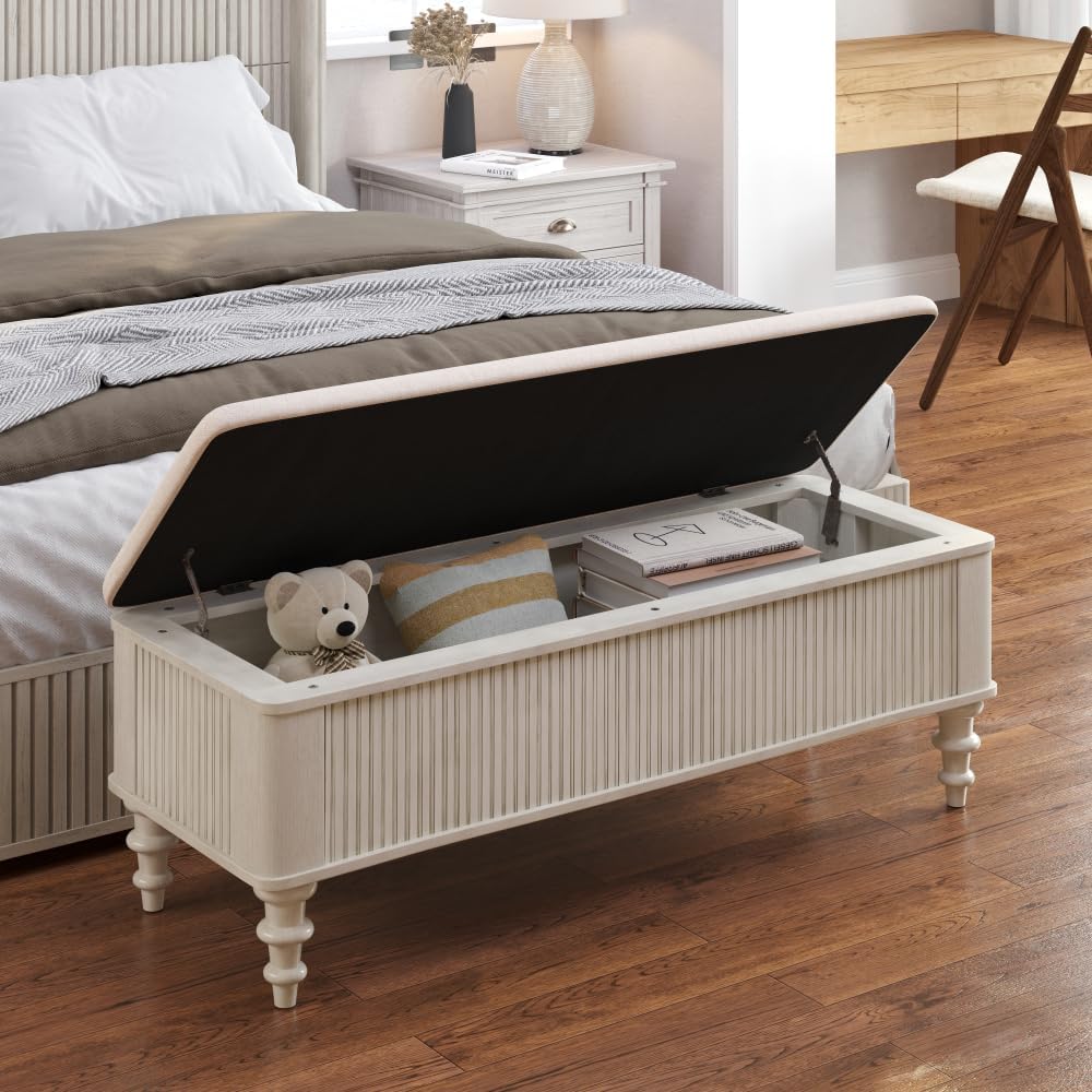 50.8-inch Multi-Functional Storage Ottoman Bench-Solid Rubberwood Bed End Bench with Linen Seat, Storage Bench for Bedroom, Entryway Shoe Organizer,Walnut (Beige + Rubber Wood + Linen)