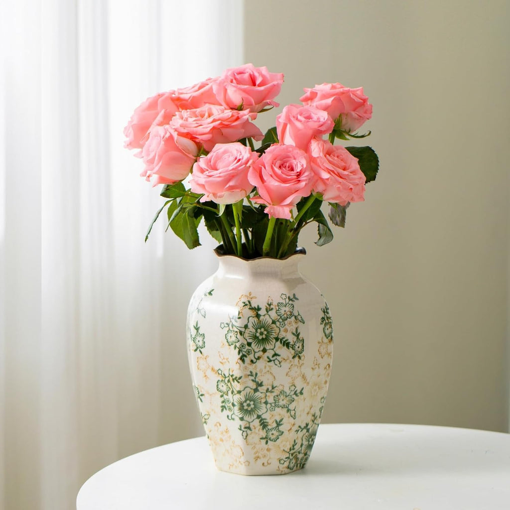Green and White Vintage Ceramic Vase, 9.1 Inch Ice Glazed Crack Chinoiserie Rustic Floral vases, Green and Beige Large Pastoral Farmhouse Flower Vase for Tuscan Home Decor (D 6" X H 9.1")
