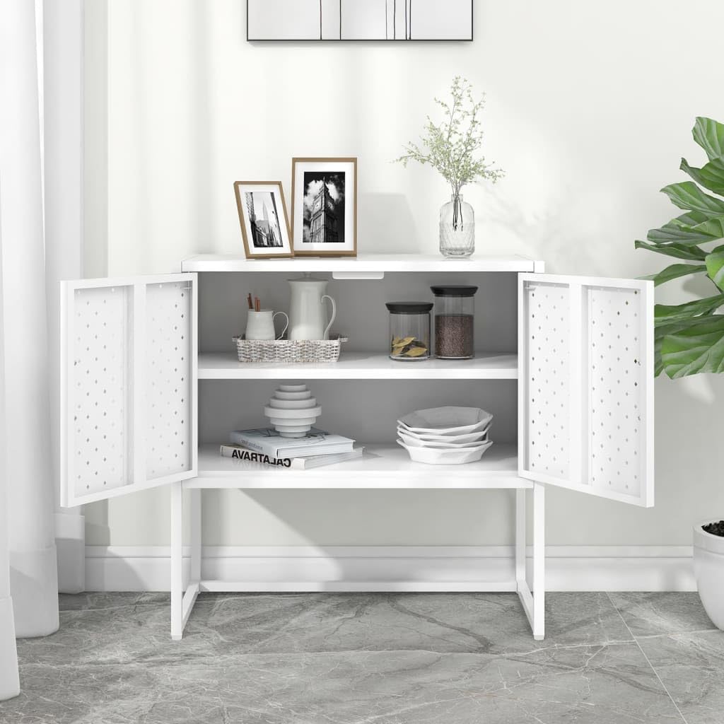 White Steel Sideboard with Adjustable Levelers, Modern Rectangular Storage Cabinet for Living Room and Dining Room, Sleek Design with Single Shelf, Sturdy Powder-Coated Steel