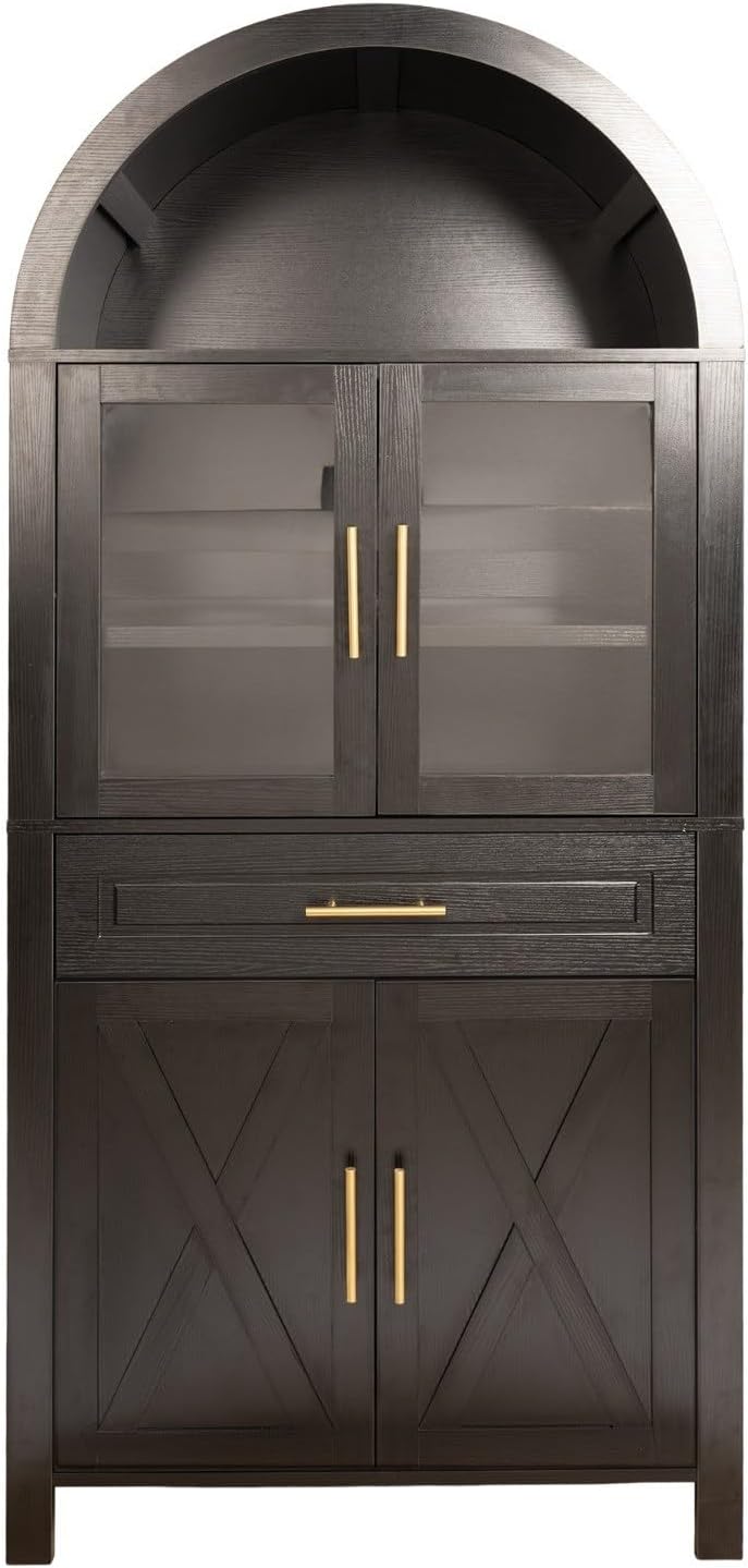 71" Kitchen Pantry Cabinet with Glass Doors and Barn Door, Farmhouse Storage Cabinet with Adjustable Shelves, Arched Design Buffet Hutch for Kitchen, Dining Room