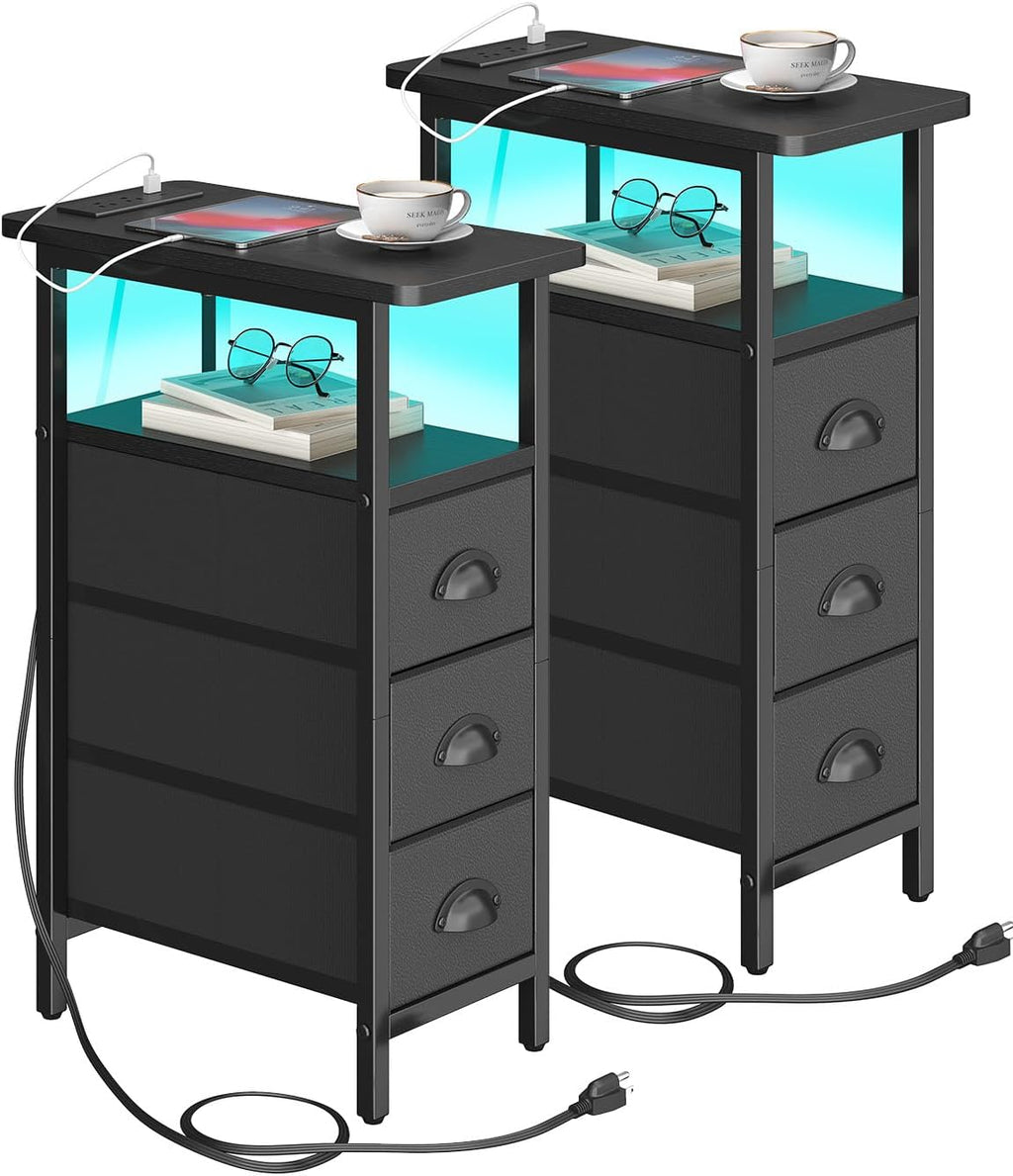 shtmec Narrow End Table Set of 2 with Charging Station, LED Side Tables Set 2 with Fabric Drawers, Small Bedside Tables Nightstands for Small Space, Slim Sofa Couch Table for Livingroom,Black