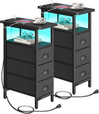 shtmec Narrow End Table Set of 2 with Charging Station, LED Side Tables Set 2 with Fabric Drawers, Small Bedside Tables Nightstands for Small Space, Slim Sofa Couch Table for Livingroom,Black
