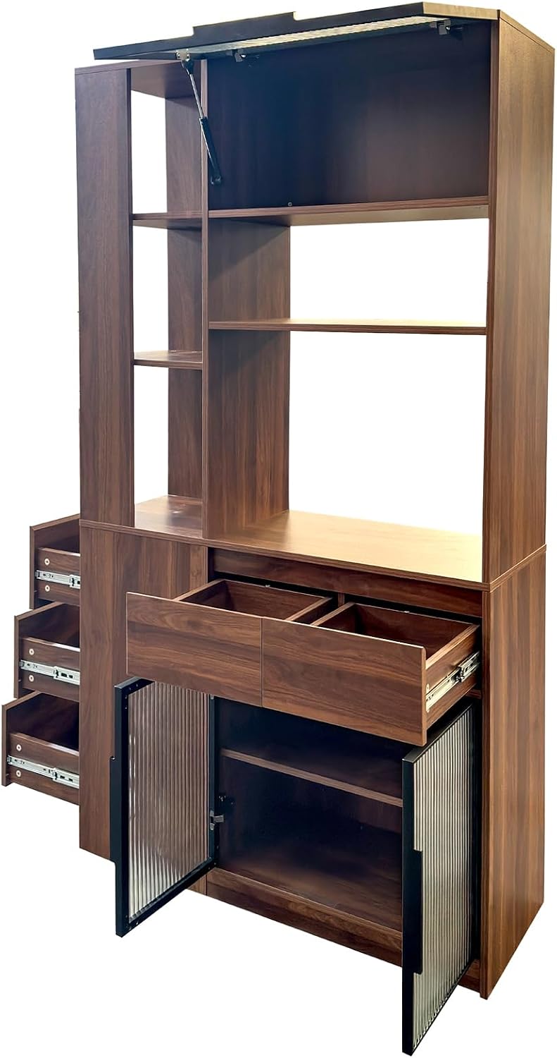 JOYSOURCE Tall Kitchen Hutch Cabinet with Side-Access Shelves & Drawer Freestanding Pantry Cabinet Large with Glass Door Cupboard for Kitchen, Dining Room with Microwave Countertop Walnut Finish
