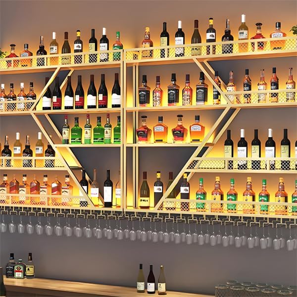 63in Large Wall Mounted Wine Rack, 4 Tier Metal Diamond Shaped Liquor Bottle Shelves Wine Glass Holder, Hanging Liquor Shelf Wall Mounted, for Home Bar Dining Room (4 Tiers Gold, 63 * 7.87 * 48.5INCH)