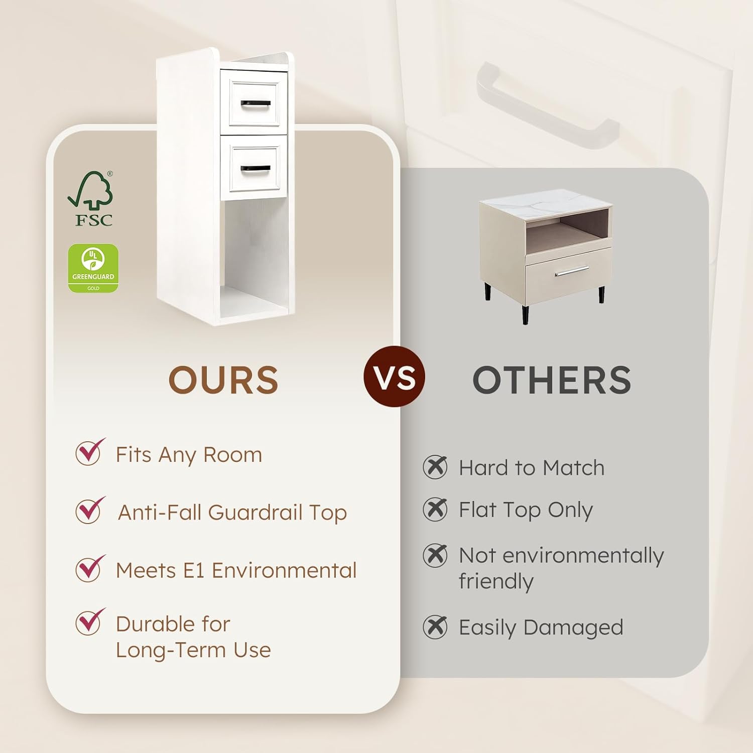 Narrow White Nightstand, Wood Slim Bedside Tables for Small Bedroom, Modern End Table with Drawers, Perfect for Apartments, Rente