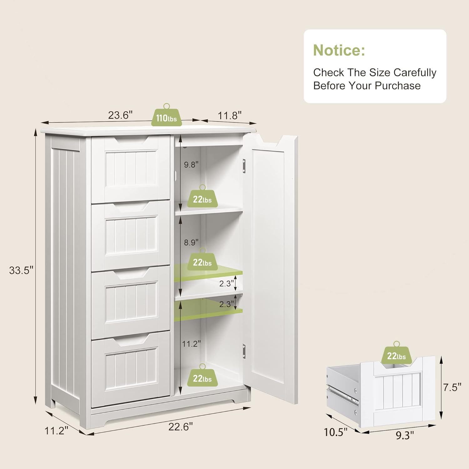 Gizoon Small Pantry with Door and Shelves, 33'' Kitchen Pantry Storage Cabinet Freestanding Samll Coffee Bar Cabinet with 4 Drawers for Kitchen and Dining Room, White, Painted
