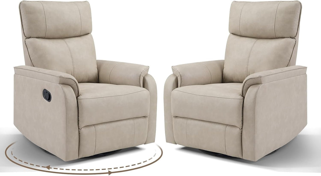 HAOMARKETS Swivel Rocker Recliner Chair Set of 2, Manual Faux Leather Glider Rocking Recliners for Adults, 360° Swivel Nursery Reclining Sofa with Padded Backrest for Living Room, Beige
