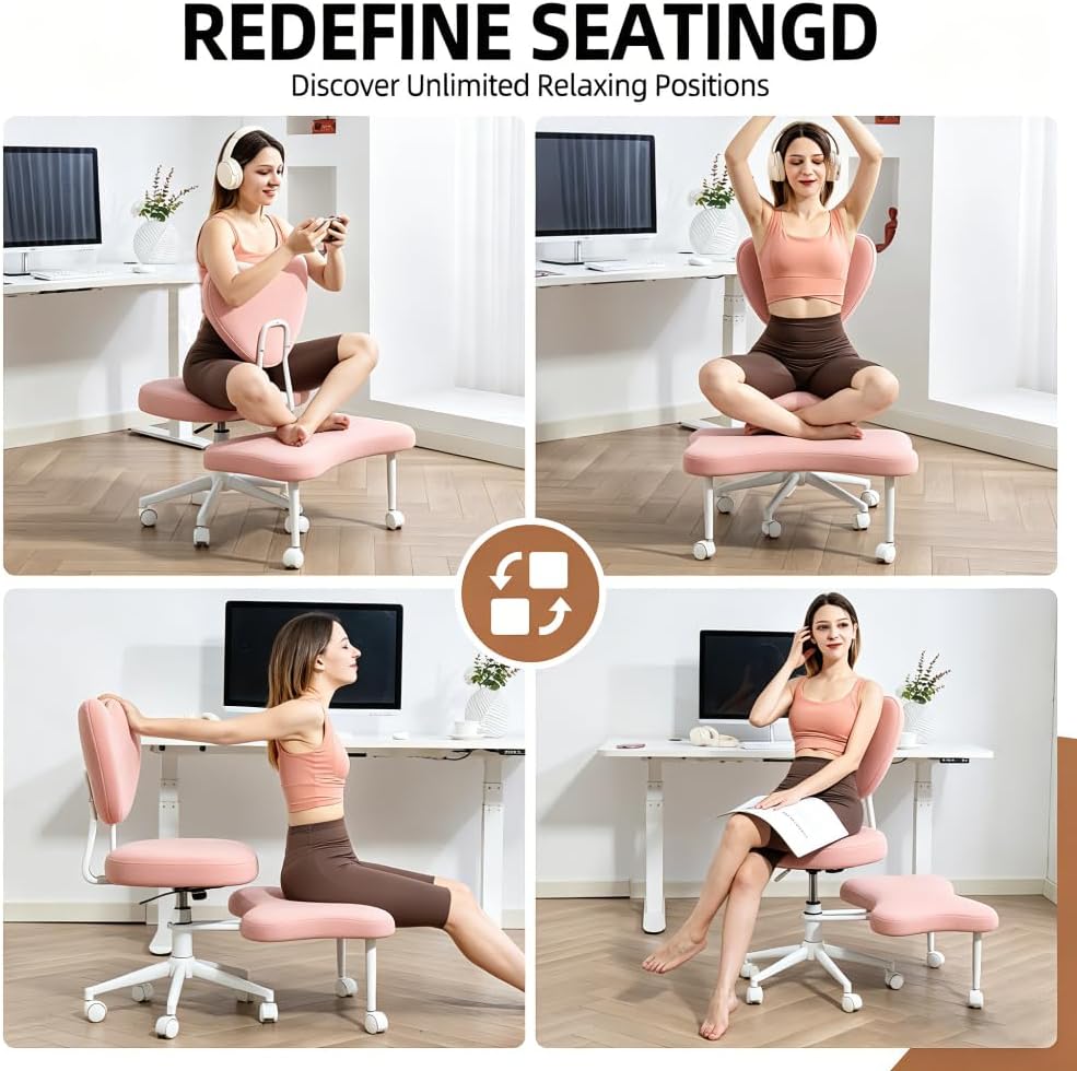 Meditation Chair, an Ergonomic Cross-Legged Seating Chair with Lumbar Support and a Height-Adjustable seat Cushion, Ideal for People Engaged in high-Intensity Office Work. Pink
