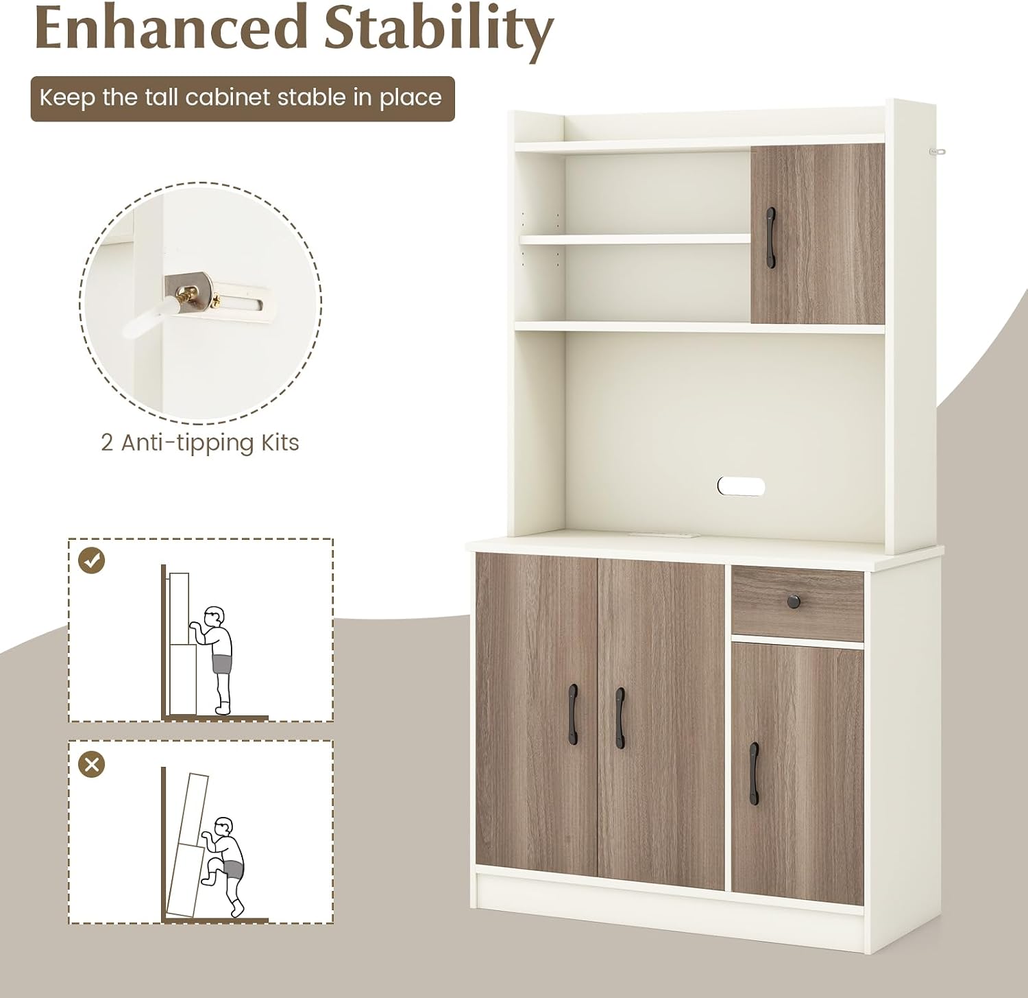 COSTWAY Kitchen Pantry Storage Cabinet, 71" Freestanding Tall Hutch Cabinet with Charging Station, Microwave Stand, Adjustable Shelves, Modern Buffet Cabinet with Hutch for Dining Room, Kitchen, White