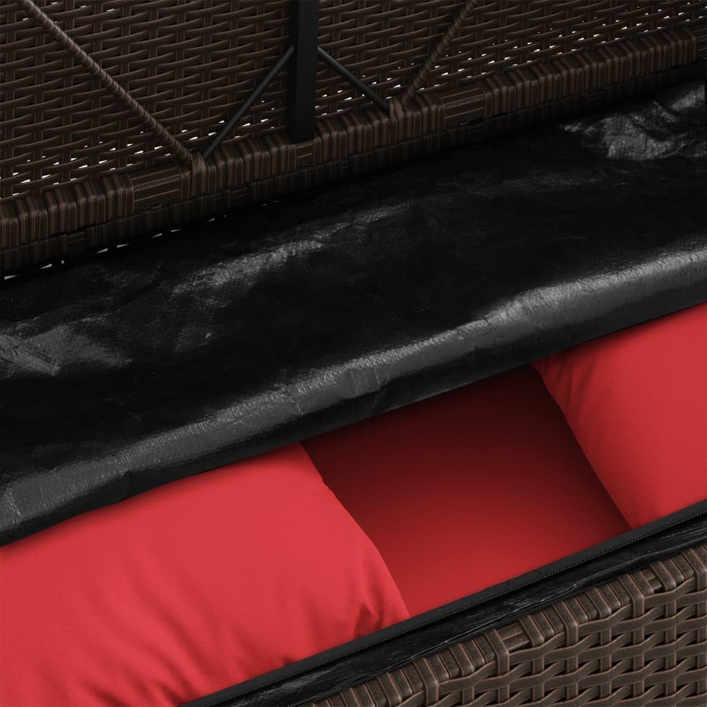 Brown Poly Rattan Outdoor Storage Bench with Cushion, PE Rattan Patio Seating with Waterproof Storage Bag and Gas Spring Lid