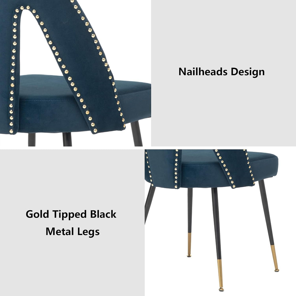 Aoowow Modern Dining Chairs Set of 6, Velvet Upholstered Side Chairs with Nailheads and Gold Tipped Black Metal Legs,Blue (Blue)