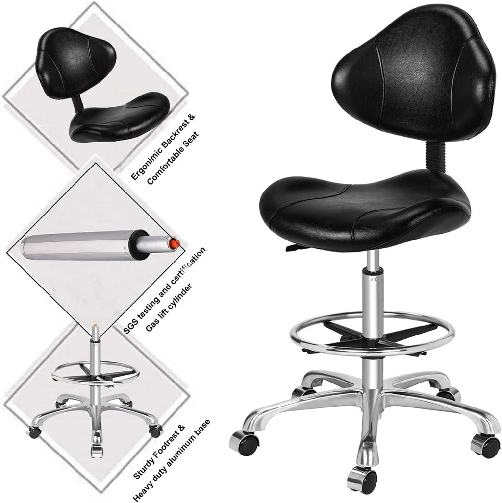 Kaleurrier Ergonomic Drafting Chair with Back Support,Multi-Functional Height Adjustable Swivel Rolling Stool,Multi-Purpose Home Office Desk Chair (Black)