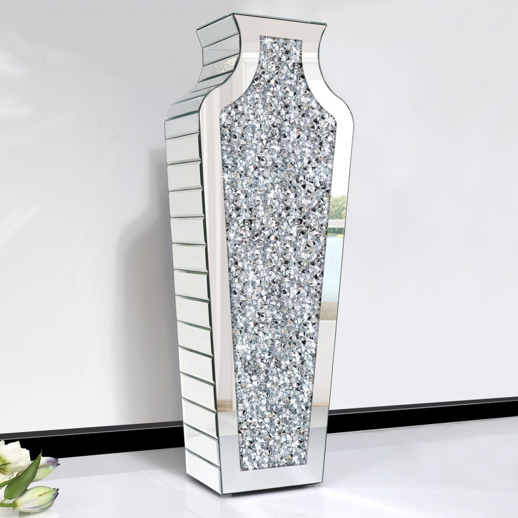 27" Tall Diamond Mirrored Floor Vase Silver Glass Decor for Flower No Water | Sparkling diamond mirror glass. Stunning floor accent for living room, entryway, or hallway. Ideal for modern home decor.