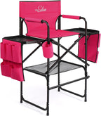 OmySalon Tall Folding Directors Chair with Side Table Storage Bag, Aluminum Frame 300 lbs Capacity, Portable Makeup Artist Bar Height, 19.7" D x 24.6" W x 45.7" H(Rose Red)