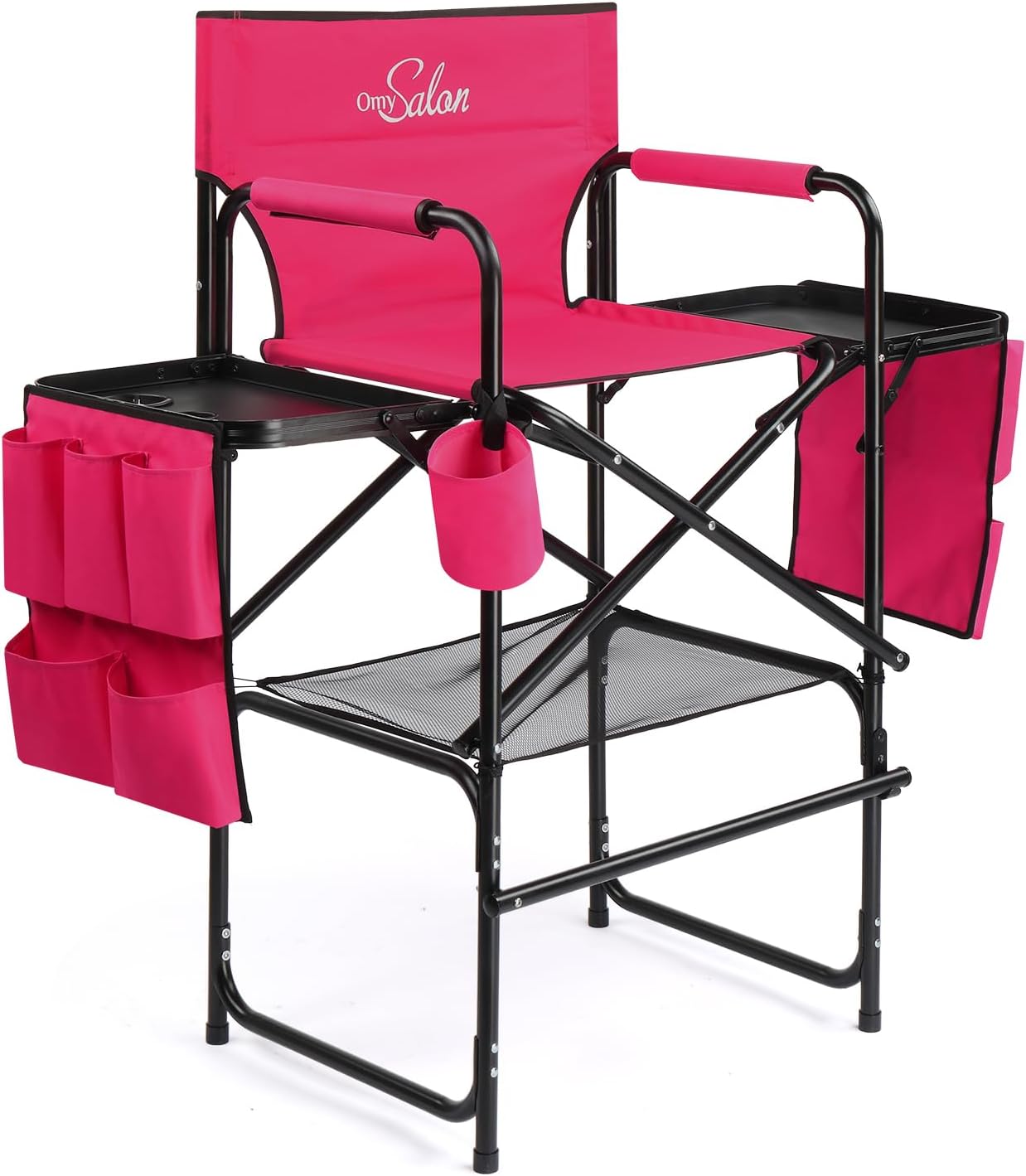 OmySalon Tall Folding Directors Chair with Side Table Storage Bag, Aluminum Frame 300 lbs Capacity, Portable Makeup Artist Bar Height, 19.7" D x 24.6" W x 45.7" H(Rose Red)