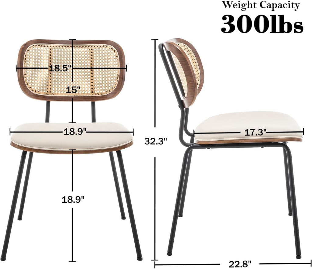 AQG Rattan Dining Chairs, Mid Century Modern Dining Chairs, Cane Back Chairs Set of 2, Cane Back Faux Leather, Kitchen & Dining Room Chairs with Metal Legs (Beige-PU, Set of 2-Rattan)