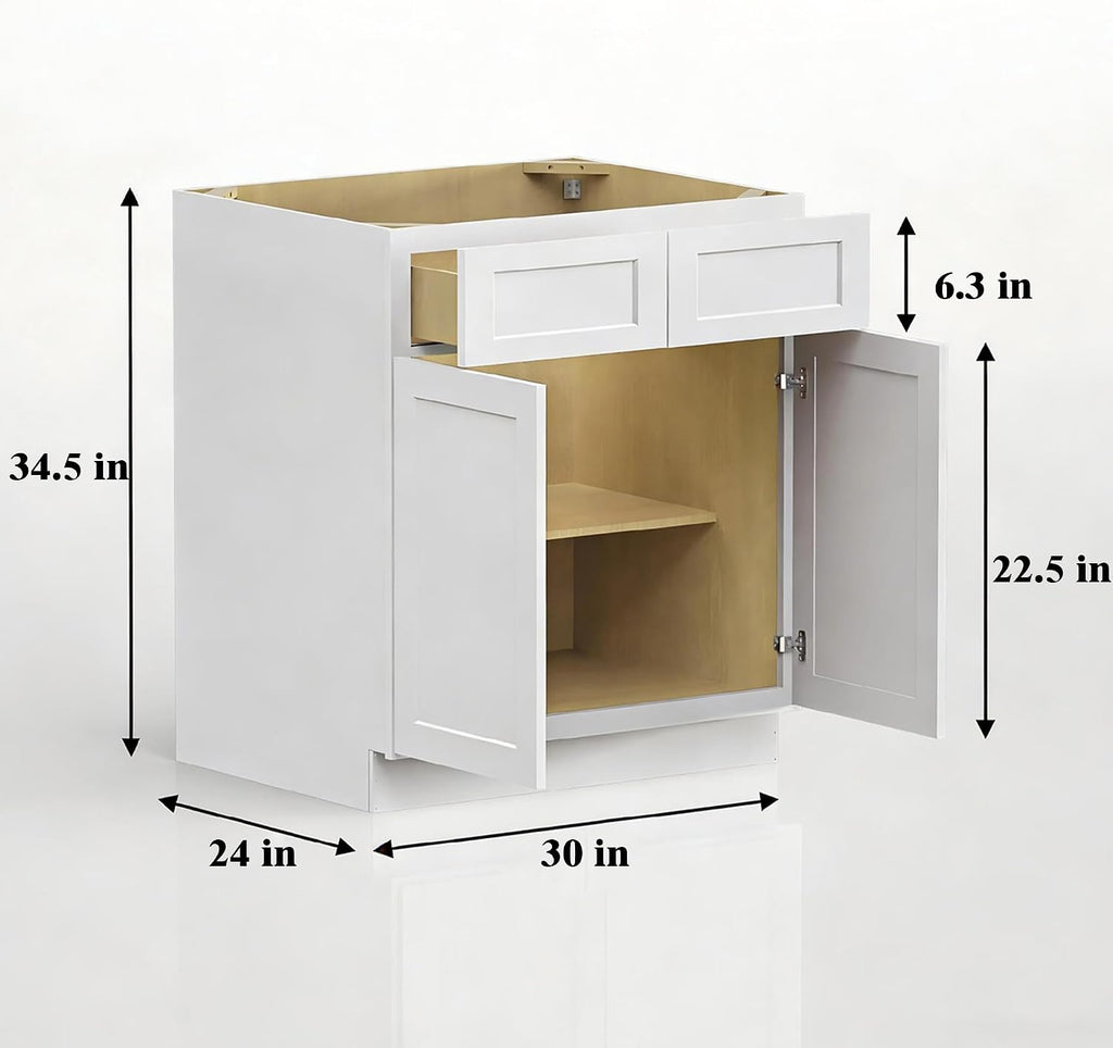30 Inch White Shaker RTA Kitchen Base Cabinet, 30 W x 24 D x 34.5 H Floor Storage Cabinet with 2 Drawers and 2 Doors, Plywood Box, HDF Doors, Ready to Assemble