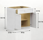 30 Inch White Shaker RTA Kitchen Base Cabinet, 30 W x 24 D x 34.5 H Floor Storage Cabinet with 2 Drawers and 2 Doors, Plywood Box, HDF Doors, Ready to Assemble