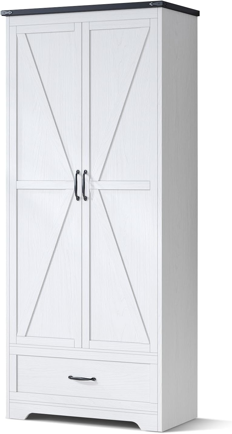 VOWNER 71" Tall Kitchen Pantry with Adjustable Shelves, Large Wood Storage Cabinet with Drawer & 2 Barn Doors, Versatile Modern Farmhouse Storage Cabinet for Kitchen, Dining Room, Living Room, White