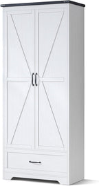 VOWNER 71" Tall Kitchen Pantry with Adjustable Shelves, Large Wood Storage Cabinet with Drawer & 2 Barn Doors, Versatile Modern Farmhouse Storage Cabinet for Kitchen, Dining Room, Living Room, White