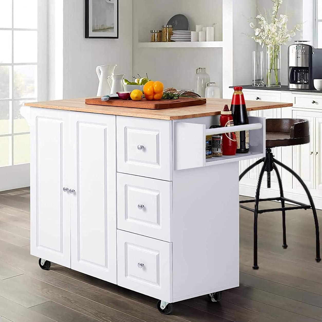 PHI VILLA Kitchen Island Cart on Wheels - Mobile Kitchen Island with Drop Leaf, Rolling Kitchen Table with Storage