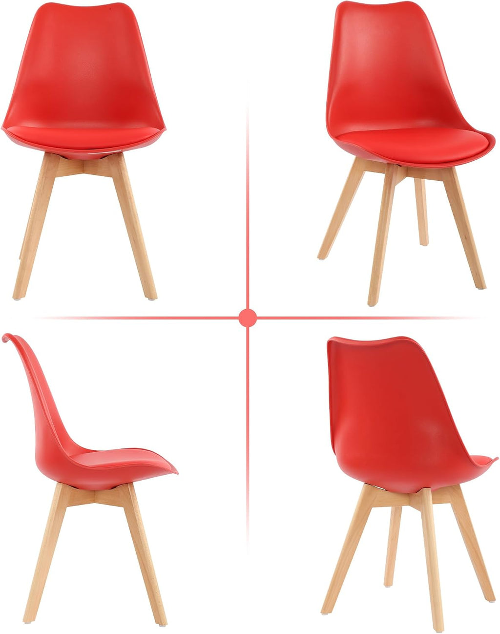 LSSBOUGHT Mid Century Modern Dining Chairs,Shell Lounge Plastic Side Chair with Soft Padded and Wooden Legs for Dining Room Living Room Bedroom Kitchen Set of 2 (red)