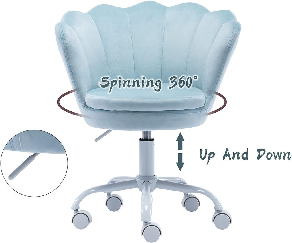 chairus Cute Kids Desk Chair Velvet Living Room Accent Armchair Upholstered Teens Vanity Chair with Seashell Back, Adjustable Swivel Children Study Chair for Computer Homework, Blue