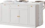 ONBRILL 63" Kitchen Island with Storage, Island Table with Power Outlet & Trash Cabinet, Kitchen Island with Marble Countertop for Kitchen, Dining Room, Living Room, White