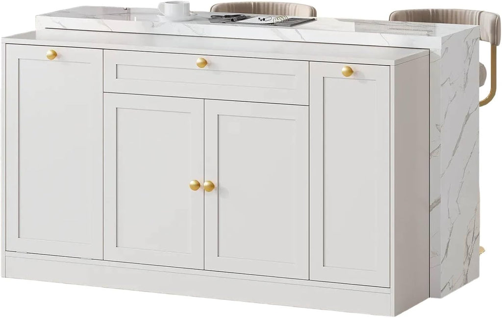 ONBRILL 63" Kitchen Island with Storage, Island Table with Power Outlet & Trash Cabinet, Kitchen Island with Marble Countertop for Kitchen, Dining Room, Living Room, White