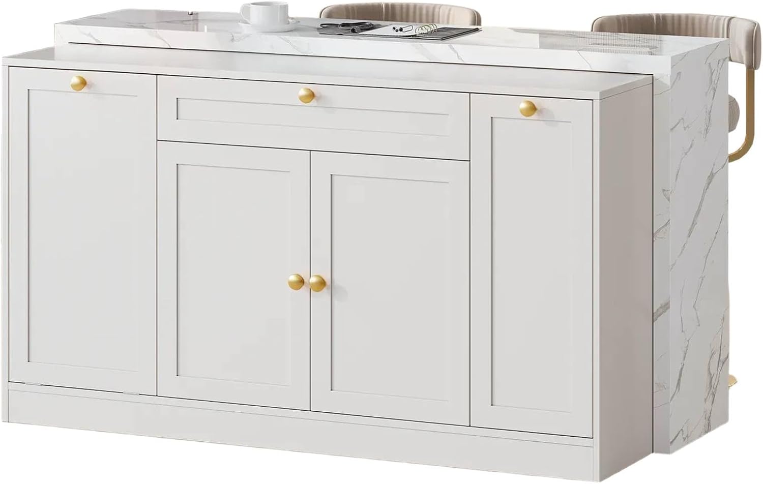 ONBRILL 63" Kitchen Island with Storage, Island Table with Power Outlet & Trash Cabinet, Kitchen Island with Marble Countertop for Kitchen, Dining Room, Living Room, White