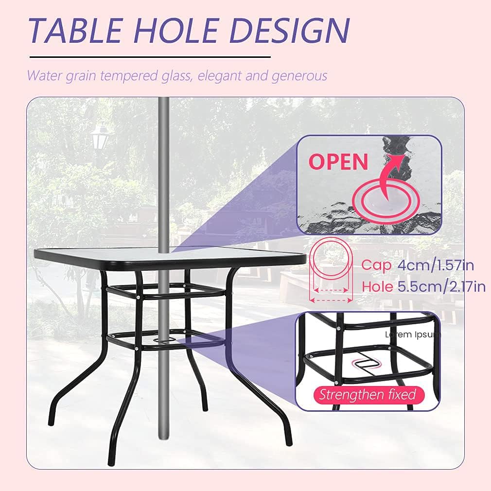 32in Patio Tables,Patio Bistro Tables,Outdoor Dining Tables,Square Tempered Glass Patio Table with Umbrella Hole for Lawn Balcony Yard