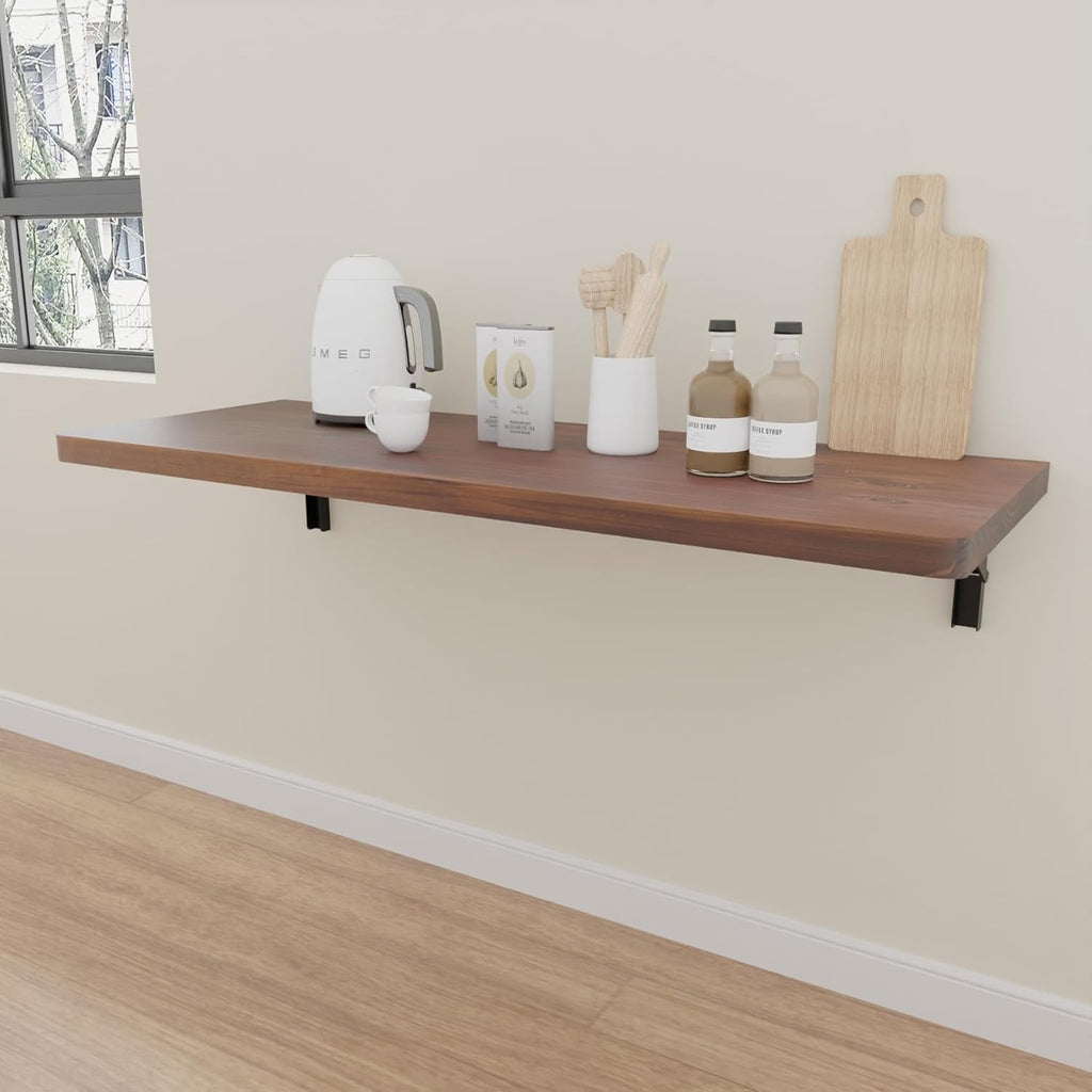 IAE Wall Mounted Folding Table with Pine Wood,36" x 14" Floating Wall Desk,Laundry Folding Table with Shelf Brackets,Fold Down Desk Shelf,Fold Workbench for Apartments,Home,Laundry Room,Kitchen,Brown