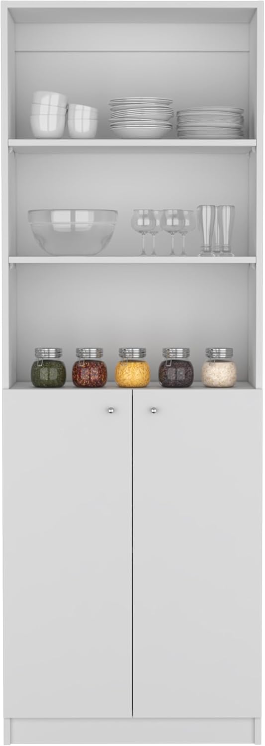 Kitchen Pantry Cabinet,Wooden Cupboard Credenza Cabinet with 3 Open Shelves & 2 Doors,Freestanding Kitchen Hutch Organizer for Dining Room,Living Room,White