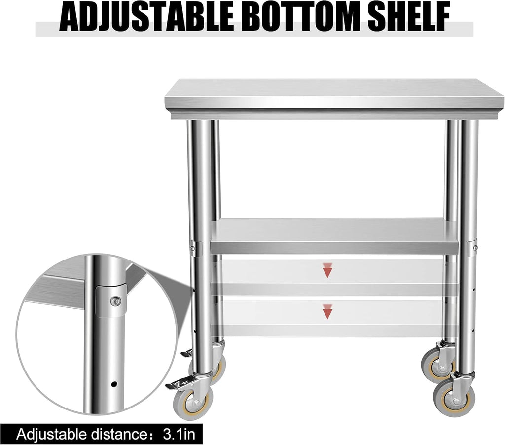 Stainless Steel Table for Prep & Work 30 x 12 Inches with Caster Wheels, NSF Commercial Heavy Duty Table with Undershelf and Galvanized Legs for Garage Restaurant Home and Hotel