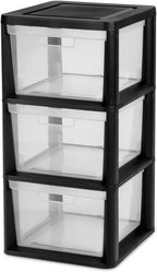 3-Drawer Plastic Storage Organizer Tower, Black Frame with Clear Removable Bins, Tool-Free Assembly, 25.25" H - Stationary Multi-Purpose Drawer Storage