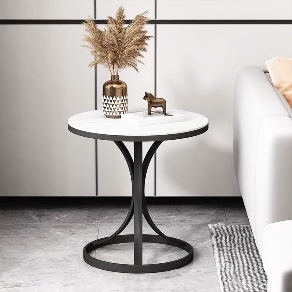 Beautyverve Rock Plate Coffee Tables for Living Room, Modern Small Round Side Table with Marble Top, Outdoor End Table for Patio Bedroom Room, Corner Desk (Snow Mountain White, 19.7 inch, Black)