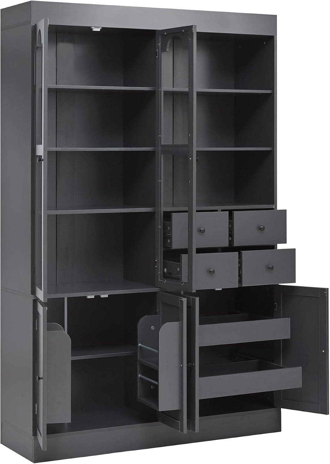 Tall Farmhouse Kitchen Pantry Storage Cabinet，47.2x15.7x75inch Freestanding Buffet with Hutch,Kitchen Pantry Cabinet with 4 Drawers,Door Shelves and Pull-out Trays for Dining room,Living Room,Gray