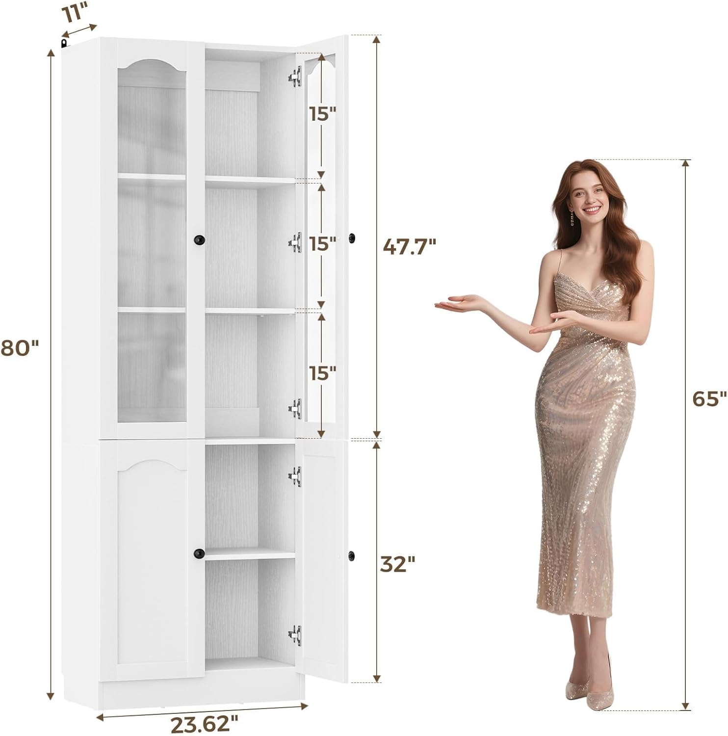Cyclysio 80" Tall Pantry Cabinet with 4 Doors, White Kitchen Pantry Storage Cabinet with Built-in Baseboard Notch & Adjustable Shelves – Kitchen Storage Cabinet for Dining, Living Room, Office
