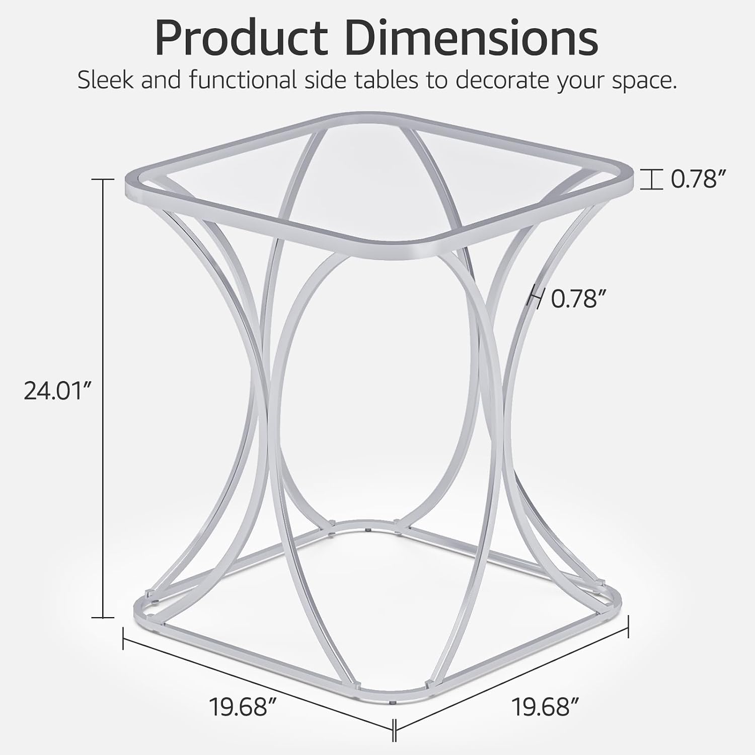 19.68" Square End Table with Tempered Glass Top, Stylish X-Shaped Metal Frame, Living Room Coffee Table, Sofa Side Table, Accent Tables for Small Spaces, Modern Bedside Table (Silver)