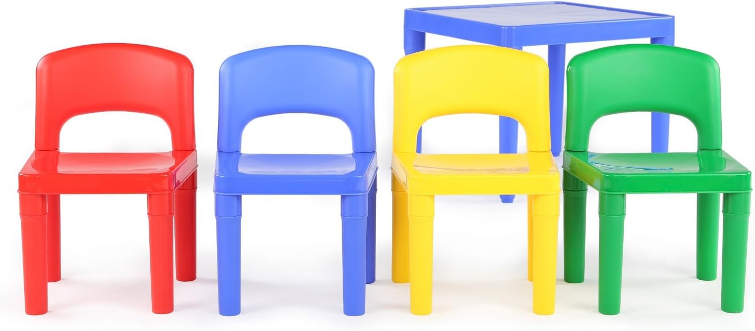 Humble Crew Kids Plastic Table and Chair Set, Toddler Activity Table with 4 Chairs, Lightweight Easy-Clean Kids Desk for Play, Snacks-Crafts, Indoor Outdoor Playroom Furniture, Blue/Primary