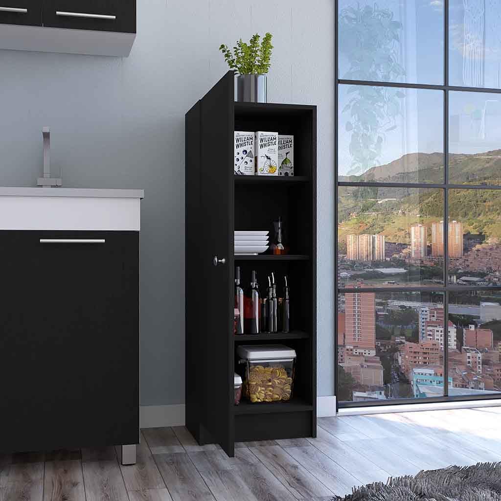 Kitchen Pantry 47" H,One Door Cabinet,Four Interior Shelves,Black,for Kitchen,Dining Room,16.9 * 12.3 * 47.4