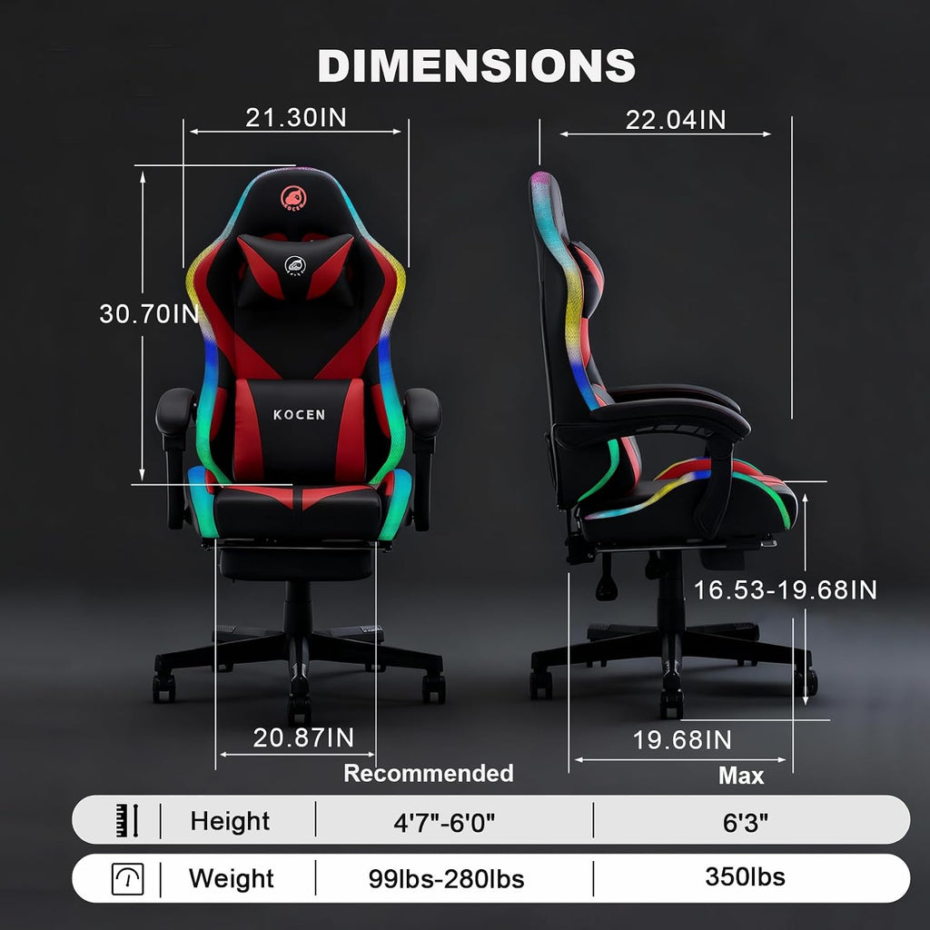 Kechen Gaming Chair, LED Light Gaming Chair with Footrest and Massage, Big and Tall Computer Chair with Lumbar Support, Gaming Chairs for Adults with Pocket Spring Cushion (LED Light, Red/Black)