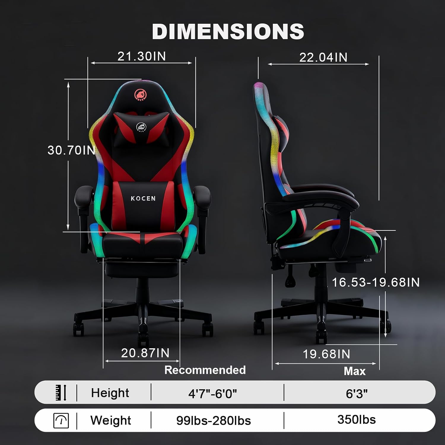 Kechen Gaming Chair, LED Light Gaming Chair with Footrest and Massage, Big and Tall Computer Chair with Lumbar Support, Gaming Chairs for Adults with Pocket Spring Cushion (LED Light, Red/Black)