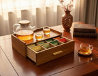 Acacia Wooden Tea Box Organizer with Drawer,Tea Chest for Tea Bags Storage,Tea and Coffee Organizer, Wood Tea Tray and Containers for Countertop Display,Acacia Wood