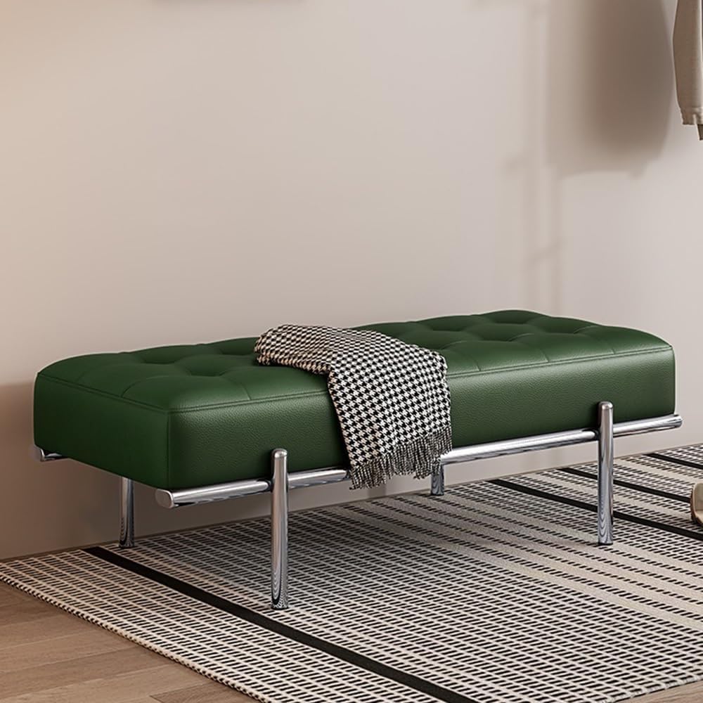 Modern Bed End Stool Light Luxury Shoe-Changing Bench Stainless Steel Long Leather Minimalist Bedside Entryway(Green,Small)
